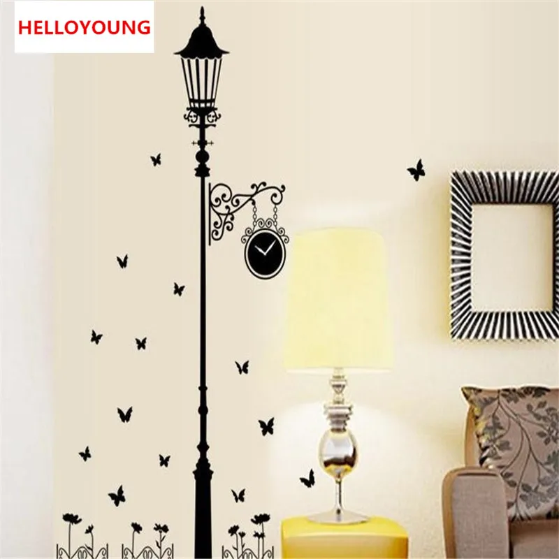 Removable Modern Minimalist Style Black Street Lights Butterfly Wall Stickers Livingroom Bedroom Home Decoration Stickers