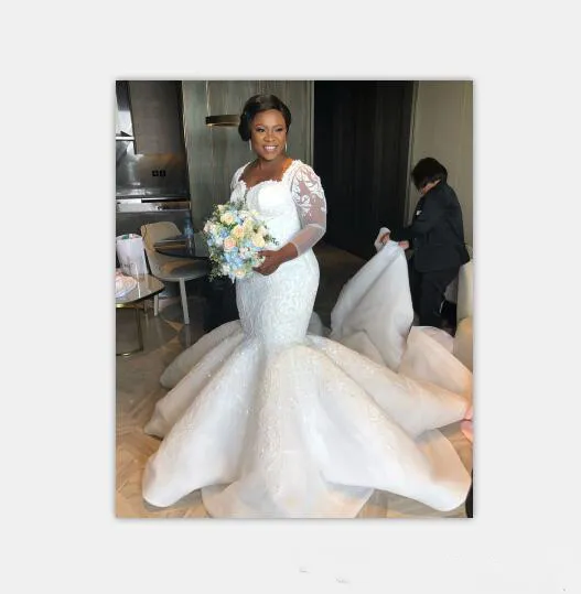 Abiti da sposa a sirena sudafricana Applicazioni in pizzo Plus Size Maniche lunghe trasparenti Abiti da sposa Abiti da sposa in raso Sweep Train2356