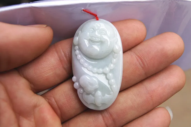 Free delivery - the beautiful natural white blue field jadeite handmade carving of the Buddha bat shoutao Buddha's birthday. Talisman ne