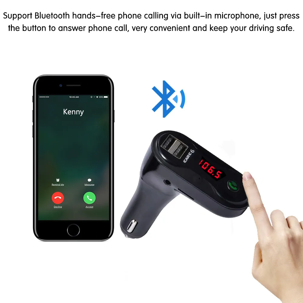 Бесплатные руки Bluetooth Car Kit C6 FM Modatter Modulator Автомобильное зарядное устройство Aux Hands Free Music Mini MP3-плеер SD USB LCD 70 шт. / Лот