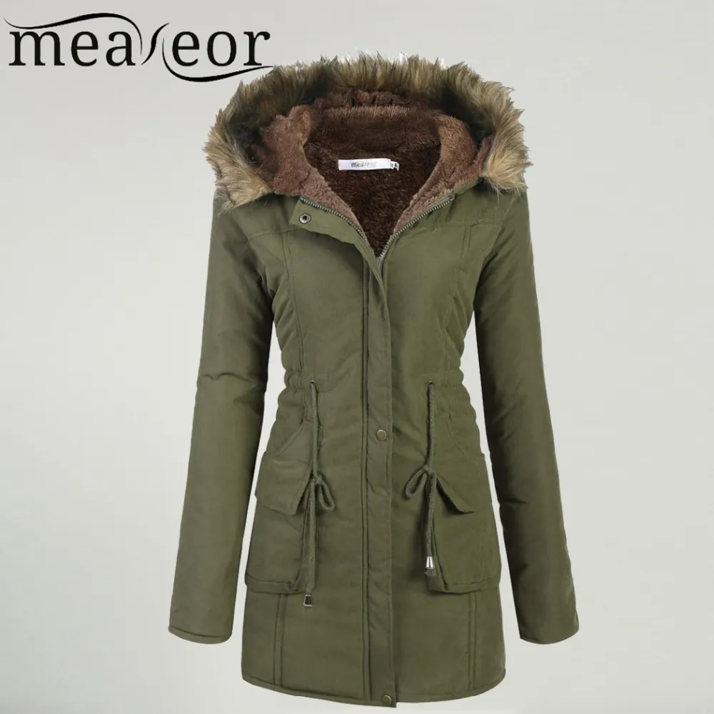 Meaneor Women's Winter Coat 2017 Casual Faux Fur Hooded Warm Drawstring Waist Slim Coat Fleece Fodrad Parka Kvinna Ficka