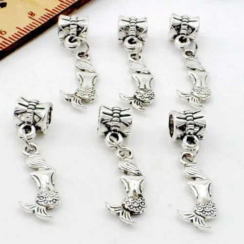 100Pcs/lot Mermaid Charms Big Hole beads Dangle Charms For Jewelry Making findings 31x7mm