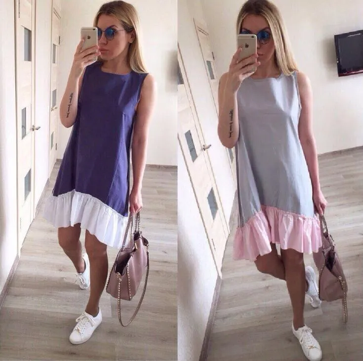 2018 New Fashion Summer Dress Loose Patchwork Flounced Fishtail Pendulum Sleeveless Women Dresses 4 Colors