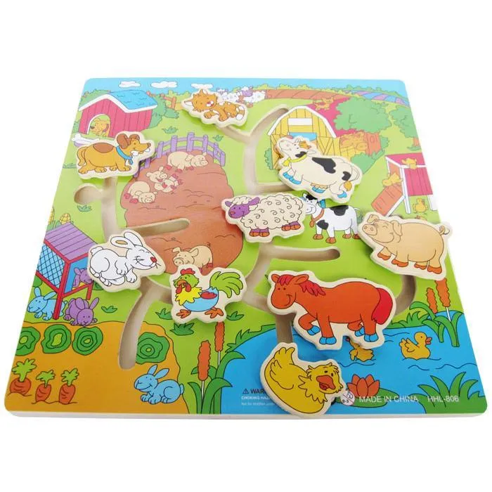 Farm Animal Slide Groove Track Maze Jigsaw Puzzle Baby Developmental Wooden Toys Factory Price WHoloesale 1 set Or More
