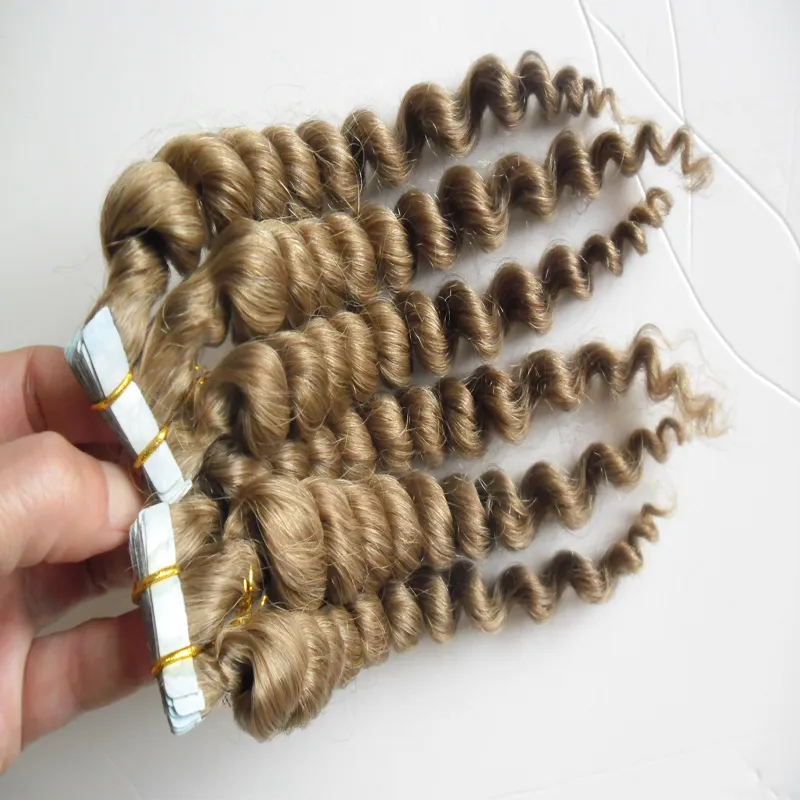 Light Brown Remy Tape Hair Extensions loose wave Skin Weft Human Hair Machine Made Remy 16" 18" 20" 22" 24" Adhesive Seamless Hair