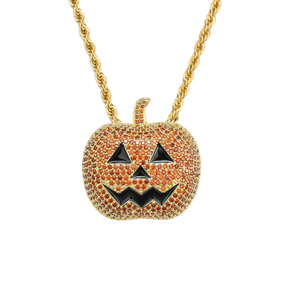 Pumpkin Pendant Necklace Chain Bling Iced Cubic Zircon Men's Hip hop Jewelry with Tennis Chain Halloween Gift