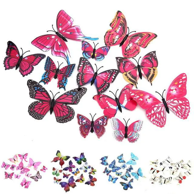 3D Kopciuszek Double Warstwy Wings Butterfly Dekoracja 12 sztuk / partia PCV Wymienny naklejki ścienne Naklejki Sprzęt ścienny