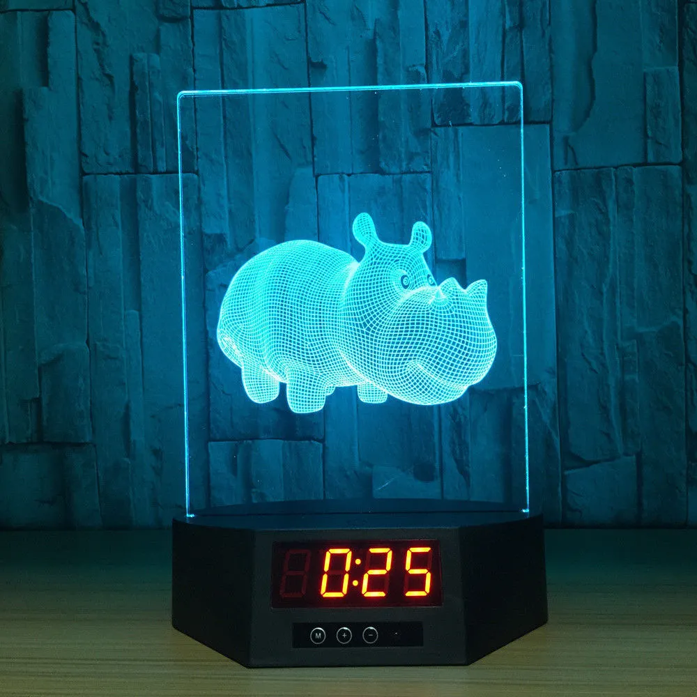 Hippo 3d الوهم أضواء الليل led 7 اللون تغيير مكتب مصباح ديكور المنزل ساعة # R21