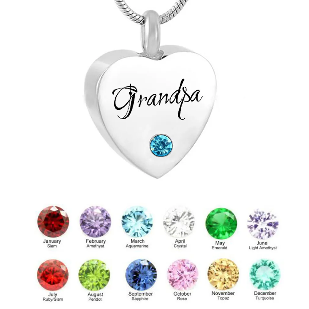 Biżuteria Moda Kremacja Urn Biżuteria Heart Grandpa Birthstone Memorial Ash Pamiątka Naszyjnik Ze Stali Nierdzewnej Urn Wisiorek