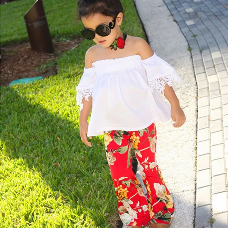 Çocuklar Kızlar Için Giysi 2018 Moda Bebek Kız Giysileri Beyaz dantel Kapalı Omuz Çiçek Baskı Çan dipleri Uzun Pantolon Kıyafetler Z11 Tops