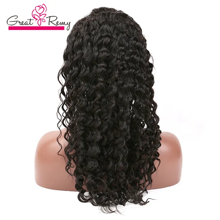 Greatremy® Pré-arrancou profunda curly 360 rendas peruca com cabelo bebê brasileiro cabelo humano virgem espessa 22 * ​​4 * 2 frontal circular com trama no topo