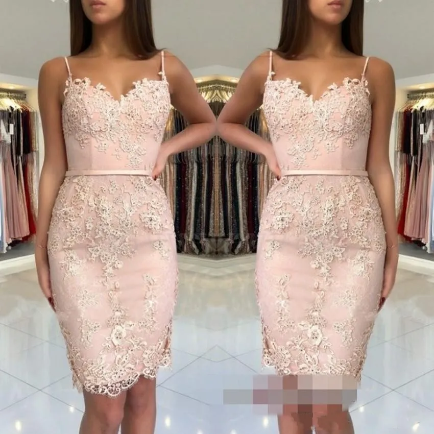 2018 Goedkope Blush Roze Homecoming Jurken Kant Applicaties Korte Mini Spaghetti Straps Sjordes Schede Sweetheart Party Graduation Cocktailjurken