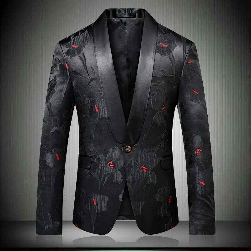 Männer Stilvolle Floral Blazer Designer Marke Slim Fit 2018 Herbst Winter Neue Smart Casual One Button Herren Schwarz Anzug Jacke 9008