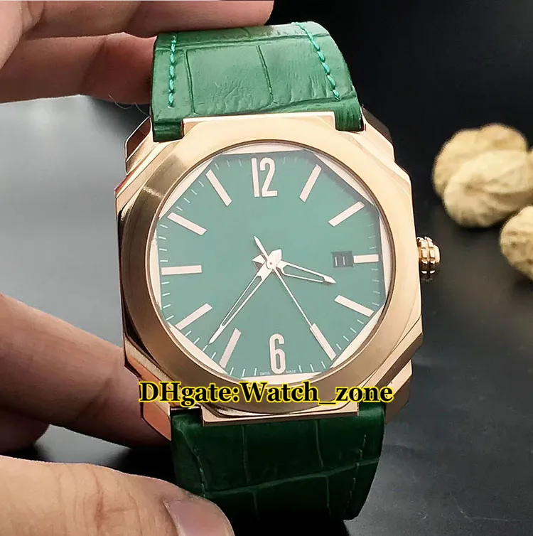 42 mm Octo 101963 101964 Esfera verde Reloj automático para hombre Oro rosa Correa de cuero verde Relojes de pulsera nuevos baratos de alta calidad