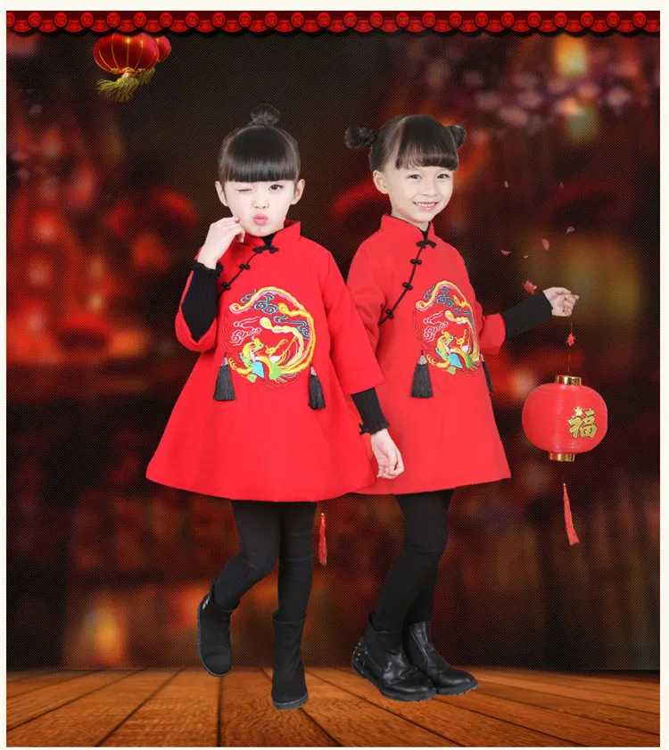 2018 Vestiti di capodanno Ragazze in stile cinese Abito cheongsam ricamato Autunno Inverno Abbigliamento bambini Vestiti neonate Abbigliamento bambini spessi