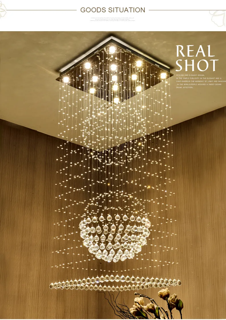Lampadari di cristallo quadrati contemporanei goccia di pioggia plafoniera a sospensione scale lampade a sospensione el villa forma sfera di cristallo 296H