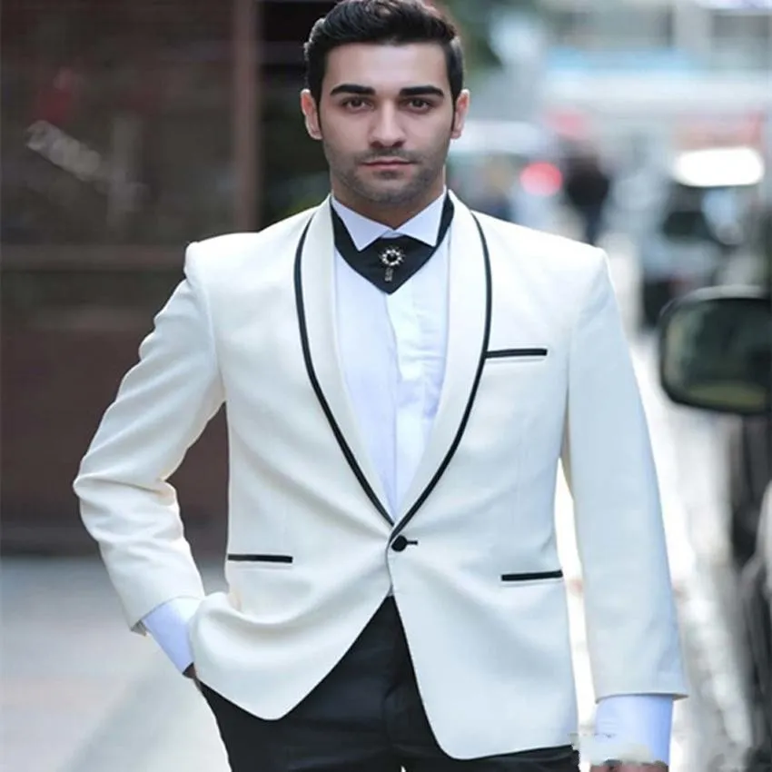Fashion Ivory Men Wedding Tuxedos High Quality Groom Tuxedos Shawl Lapel One Button Men Blazer 2 Piece Suit(Jacket+Pants+Bow Tie+Girdle)1824