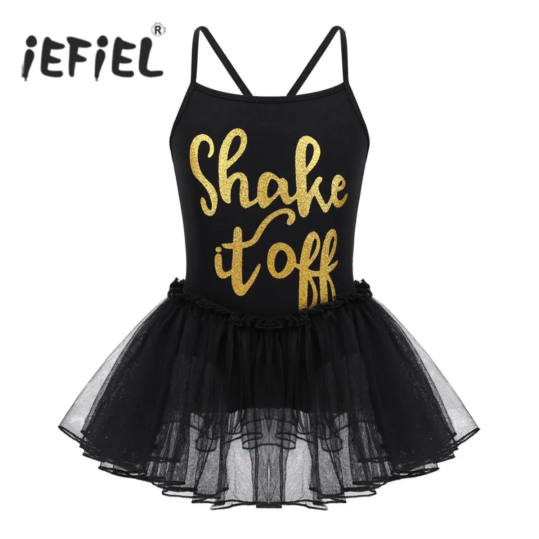 Correas de hombro espagueti Ropa de baile para niños Letras brillantes Shake It Off Impreso Ballet Danza Gimnasia Leotardo Tutu Vestido