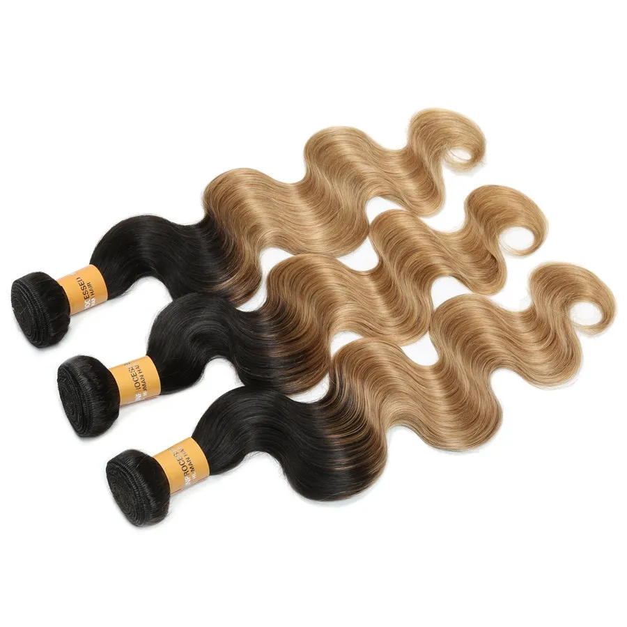 Extensions de cheveux brésiliens à armure courte Remy Hair 1B Honey Blonde Ombre Body Wave Trame de cheveux courts avec fermeture à lacet 4 * 4 Noeuds blanchis