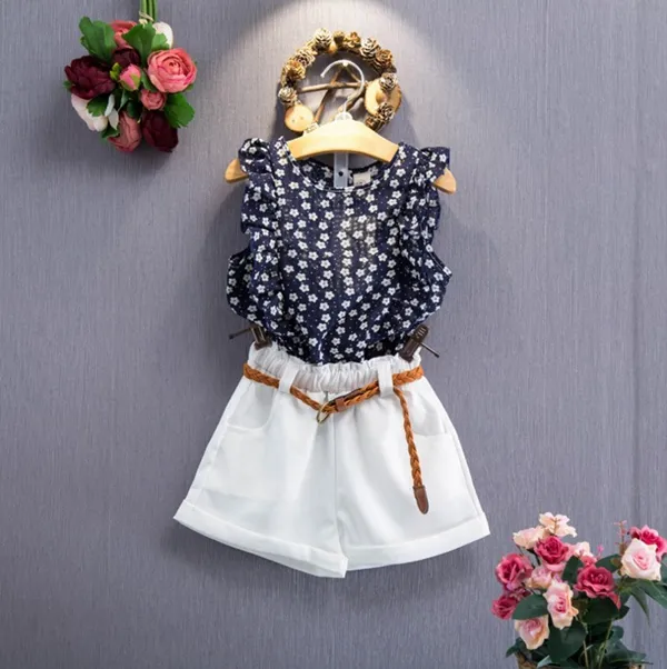 베이비 의류 여자 민소매 꽃 무늬 반바지 + 반바지 세트 여자의 복장 아동 양복 아이 여름 패션 의류