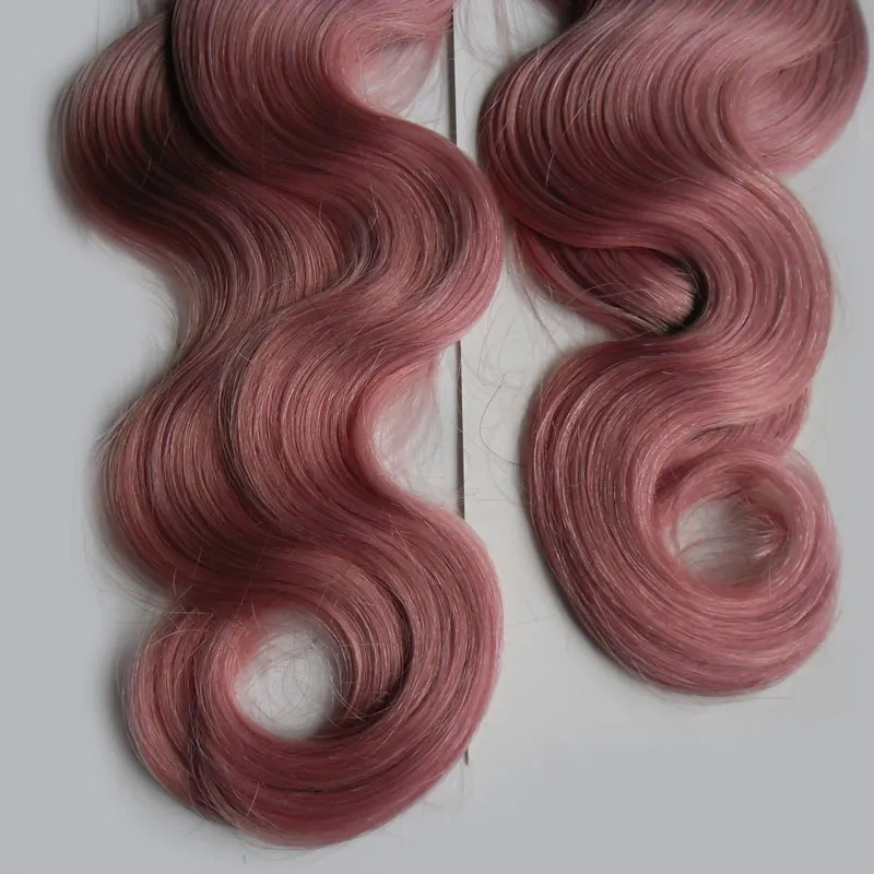 T1B /ピンクのカラーテープの人間の髪の伸縮機械製作されたレミーブラジルの体波毛の毛の80ピースオムレ皮の緯糸の髪の拡張