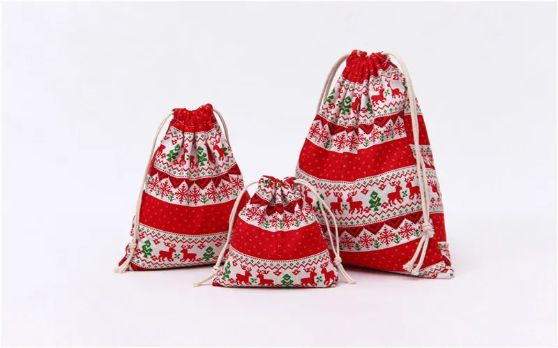Saco de presente de natal rena saco de compras de floco de neve de algodão com cordão pacote de pacotes de chá de doces