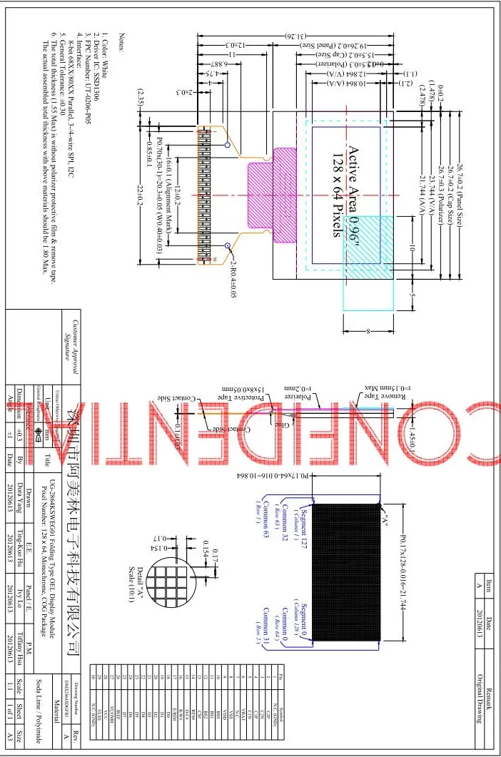 0,96 tum 12864 OLED LCD-skärmmodul med vit displayfärg Amoled och SPI-gränssnitt