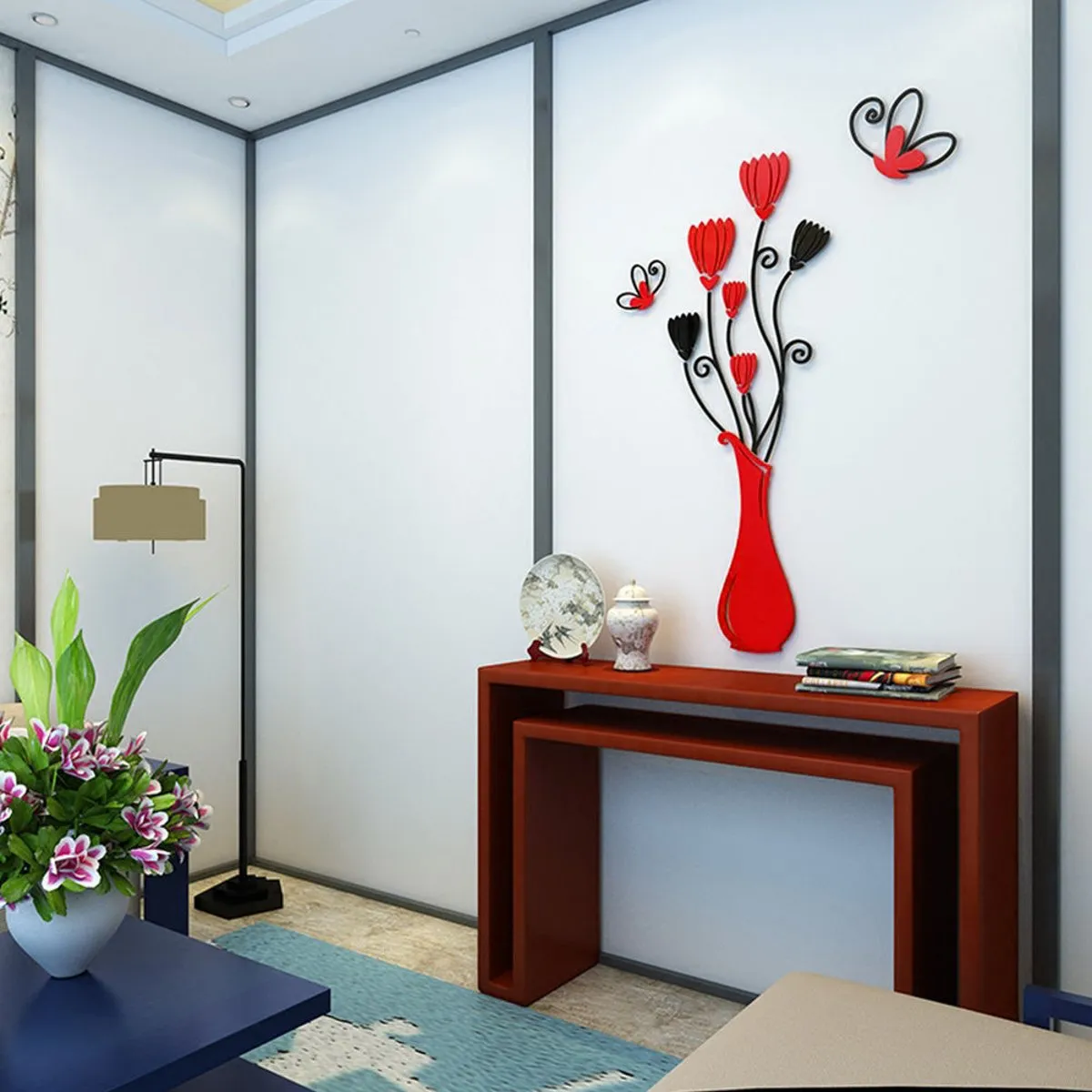Adesivi pareti di fiori 3d in cristallo acrilico 3D Sfondi di vetro arte decalcomanie murali di artigianato rosso viola artigianato fai -da -te decorazione della stanza della casa8187490