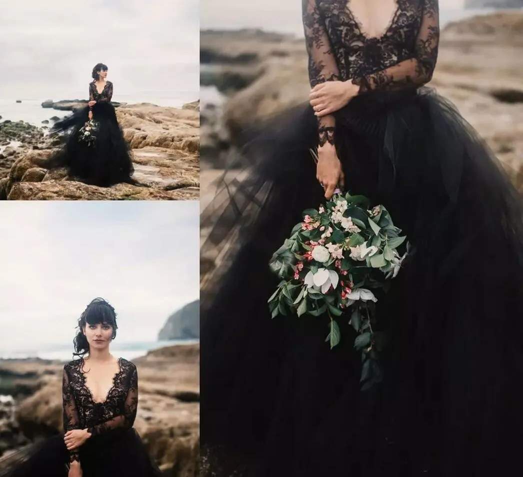 2019 Robes De Mariée Bohême Noires Dos Nu Avec Illusion À Manches Longues Puffy Tulle Boho Pas Cher Gothique Fête De Mariage Robes De Mariée Formelles Pas Cher