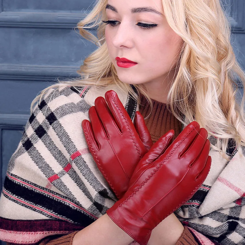 Gants d'hiver en cuir véritable rayé pour femme, de haute qualité, à la mode, pour l'extérieur, jolis, épais et chauds, au poignet, 275N