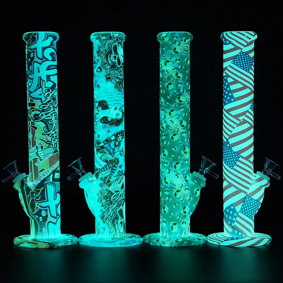 Glow In The Dark Straight Silicone Water Pipe 14 Glass Bong With Bowl For Dry Herb From Smoking