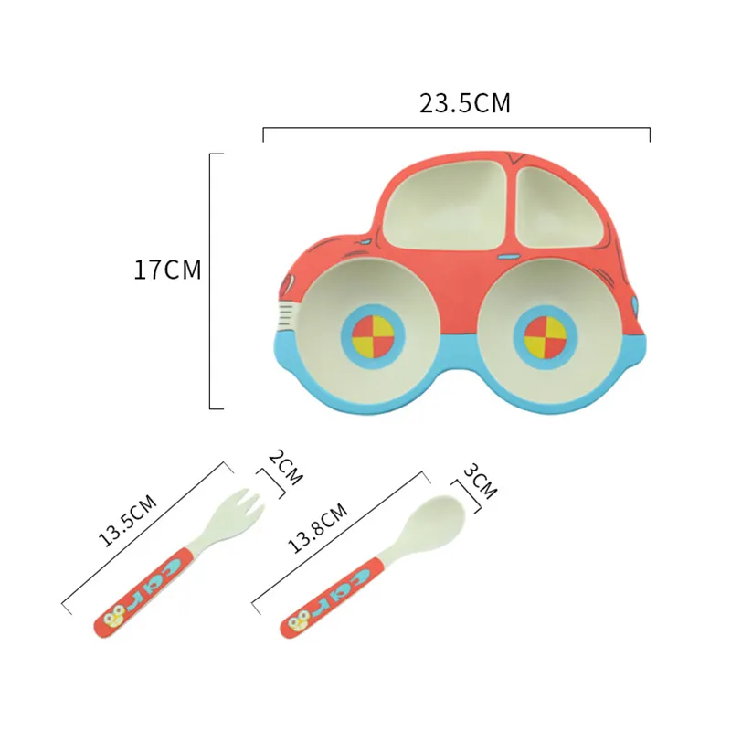 Bambusfaser Kind Geschirr Set Lebensmittelbehälter Cartoon Auto Form Platten Baby Fütterung Geschirr Teller Schüssel Mit Löffel