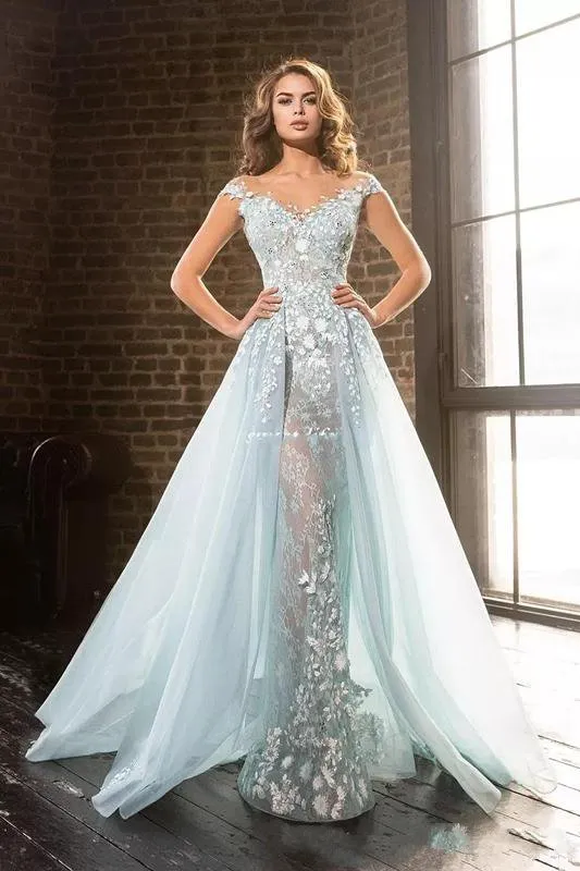 ice blue mermaid wedding dress Luxury Rhinestone Appliques Tassel Blue Sequin Mermaid Prom Dress