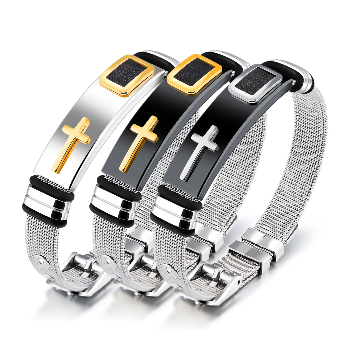 Mesh Belt Buckle Bracelet Adjustable Cross Charm Cuff Bangles in Stainless Steel