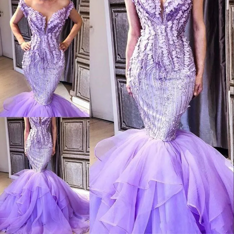 robes de bal sirène violet clair arabie saoudite manches courtes robes de soirée à plusieurs niveaux balayage train femmes robe de soirée formelle sur mesure