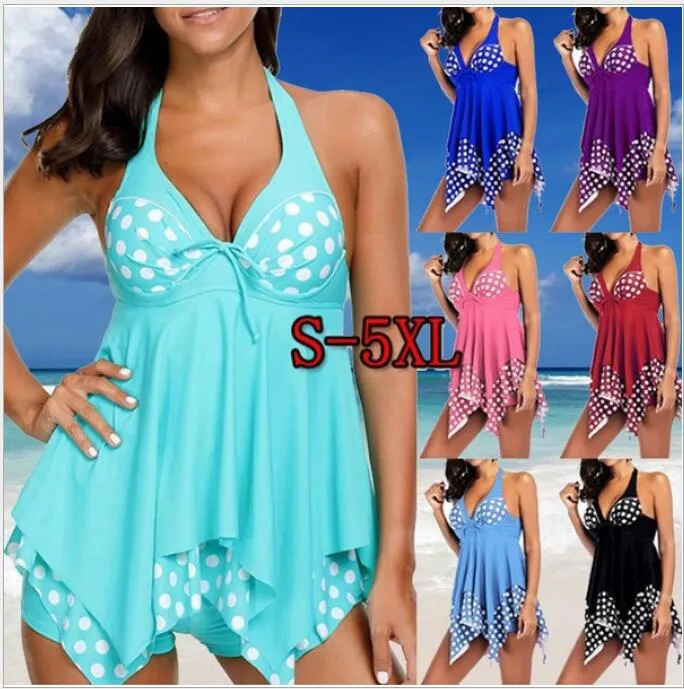 İki Adet Mayolar Elbiseler Seksi Nokta Baskı Yağ Kadın Plaj Artı Boyutu S-5XL için Yüzmek Elbise