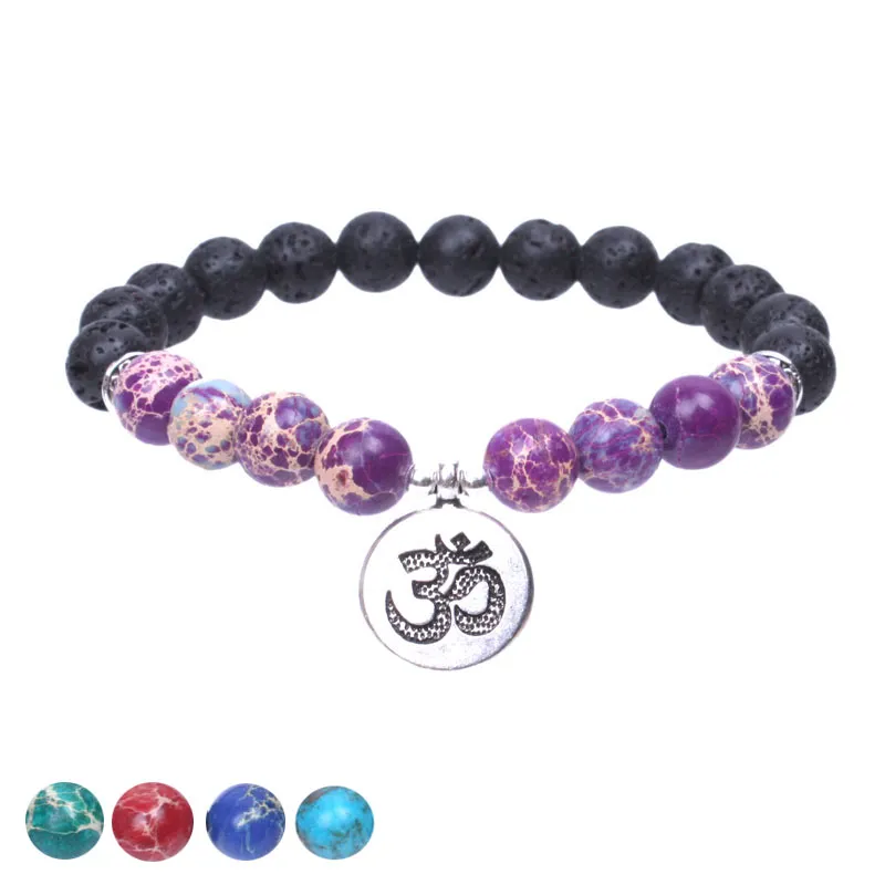 Lava Stone Tibetan Silver Om Charm Armband voor Vrouwen Stretch Armband Yogi Energy Armband Natuursteen Sieraden Dropshipping