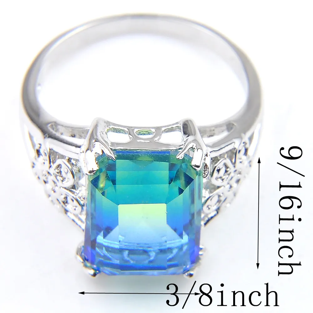 Dernier style 925 Sterling Silver Plaqué Anneaux Luckyshine Océan Rectangle Bleu Vert Bi couleur Tourmaline Gemmes Pour Femmes Anneaux Je