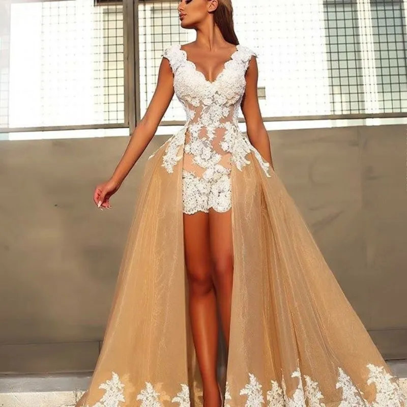 Sexy Lace Applique Party Dress Over 50 With Deep V Neck And  