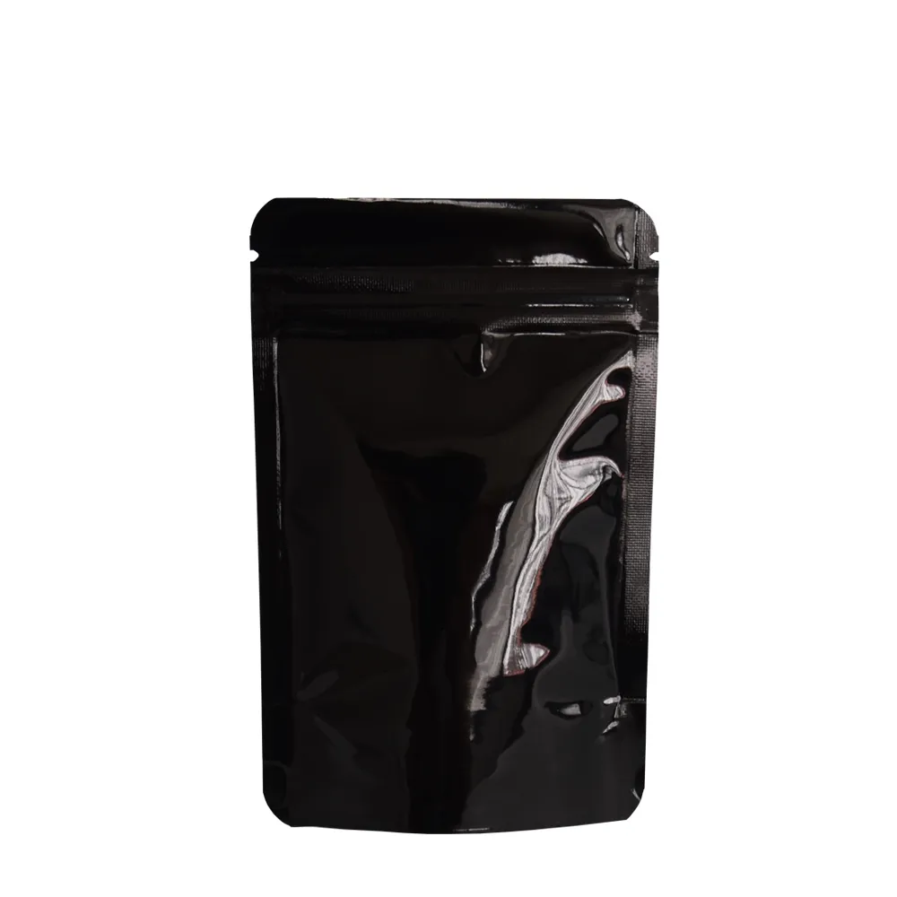 8.5 * 13 cm Preto Brilhante Folha De Alumínio Stand Up Embalagem Saco 100 pçs / lote Zip Lock Doypack Mylar Embalagem Bolsa Para Alimentos Secos Chá Em Pó de armazenamento