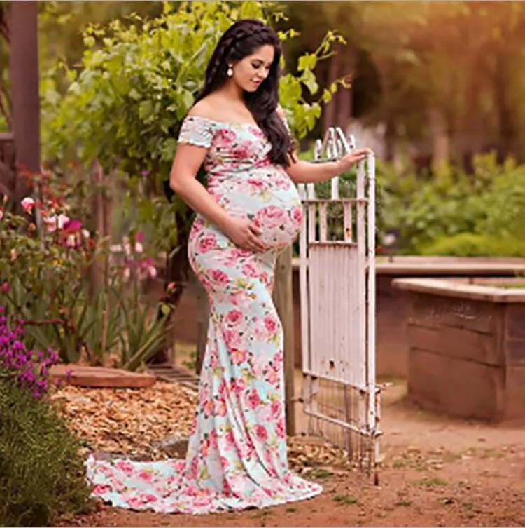 Women Pregnants Sexy Photography Props Off Shoulders Print Nursing Long Dress Maternity Clothes Summer Fashion Maternity Dress