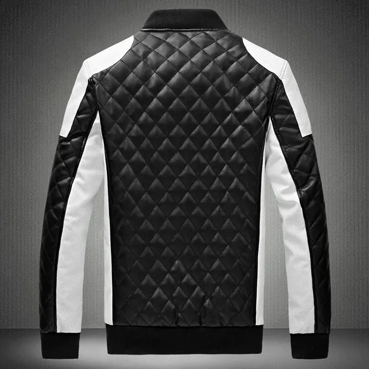 Designer jacket men039s stand collar PU leather jacket coat black and white color matching large size motorcycle leather3293011