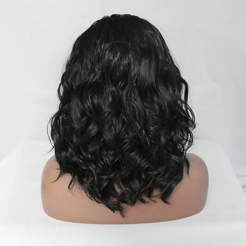 Short Bob Wavy Wig Natural Black Color Body Wave Synthetic Lace Front Wigs for Fashion Black Women 16 Inch