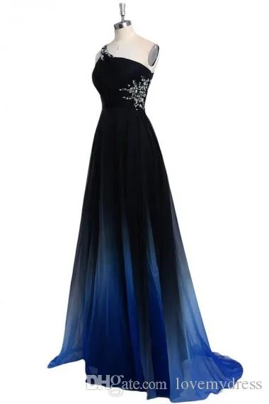 2022 OMBRE Gradiant Color Dress One Shourdeld Empire Waist Chiffon Black Royal Blue Designer Long Cheap Prom Formagle Special1988113