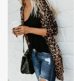 Kvinnor Sexiga Leopard Lång Jackor Höst Vår Fashion V-Neck Knappar Designer Coats