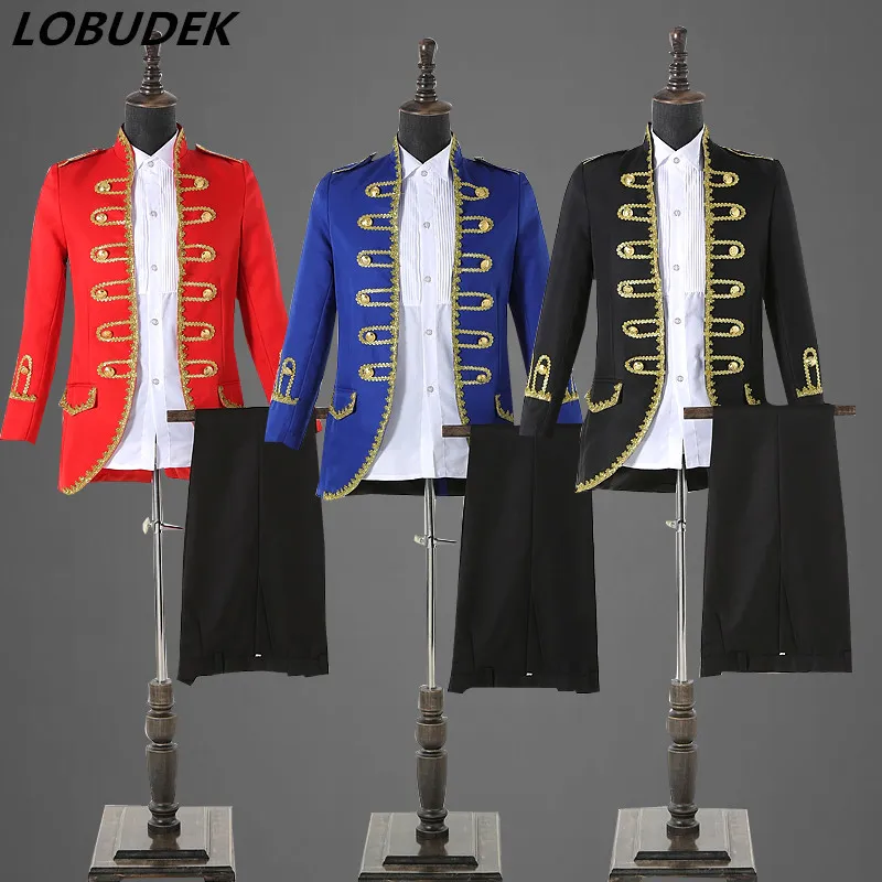 Apparel Men's Suits & Blazers European Style Court Dress Black Blue Red White Slim Blazers Pants Set Wedding Groom Singer Chorus Host Stage Costume