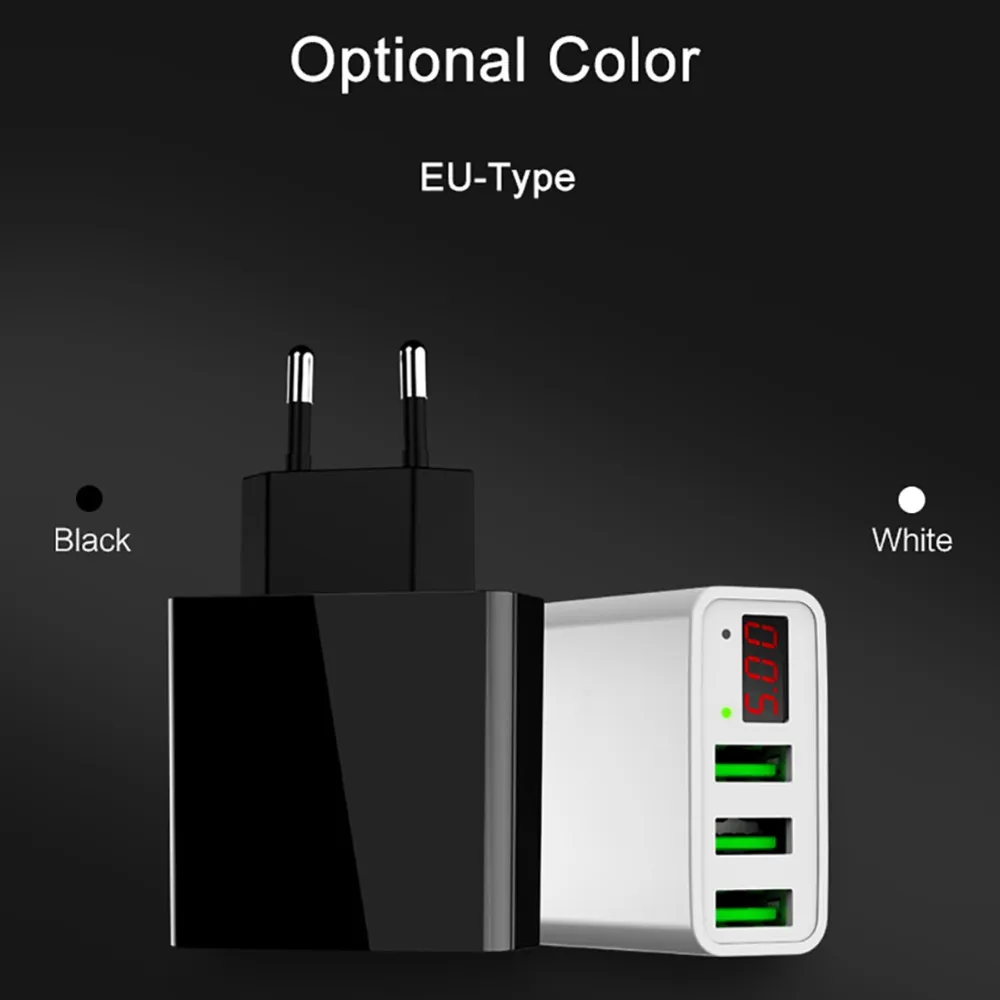 Portable 3 USB Port Phone Wall Charger Adapter With LED Display EU/US Plug Smart Quick Charging for iPhone iPad Samsung Xiaomi