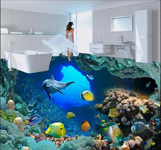 Bodentapete für Kinderzimmer, Wohnzimmer, Schlafzimmer, Ocean World, 3D-Boden auf bemalten Fliesen, PVC, selbstklebend