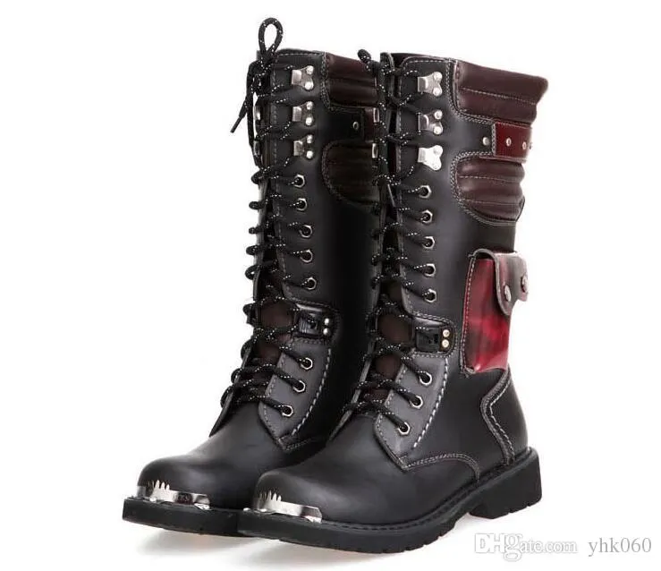 Hombres Combate militar para Mans Knee High Motorcycle Leather Ejército de cuero Herramientas machos botas punk rock 5354