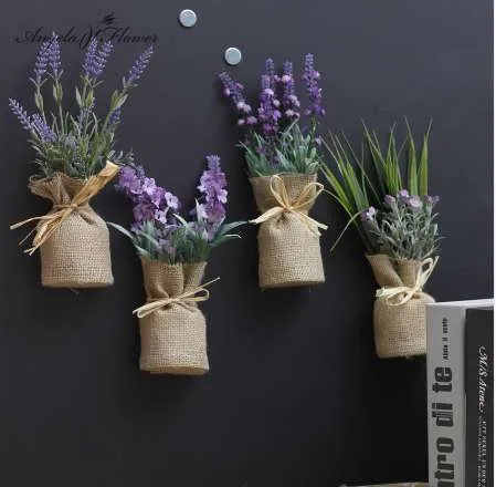Plante artificielle en toile de jute, bonsaï Gypsophila, décoration de jardin de maison, fleur magnétique avec vase, herbe en pot de lavande, cadeau 1 ensemble